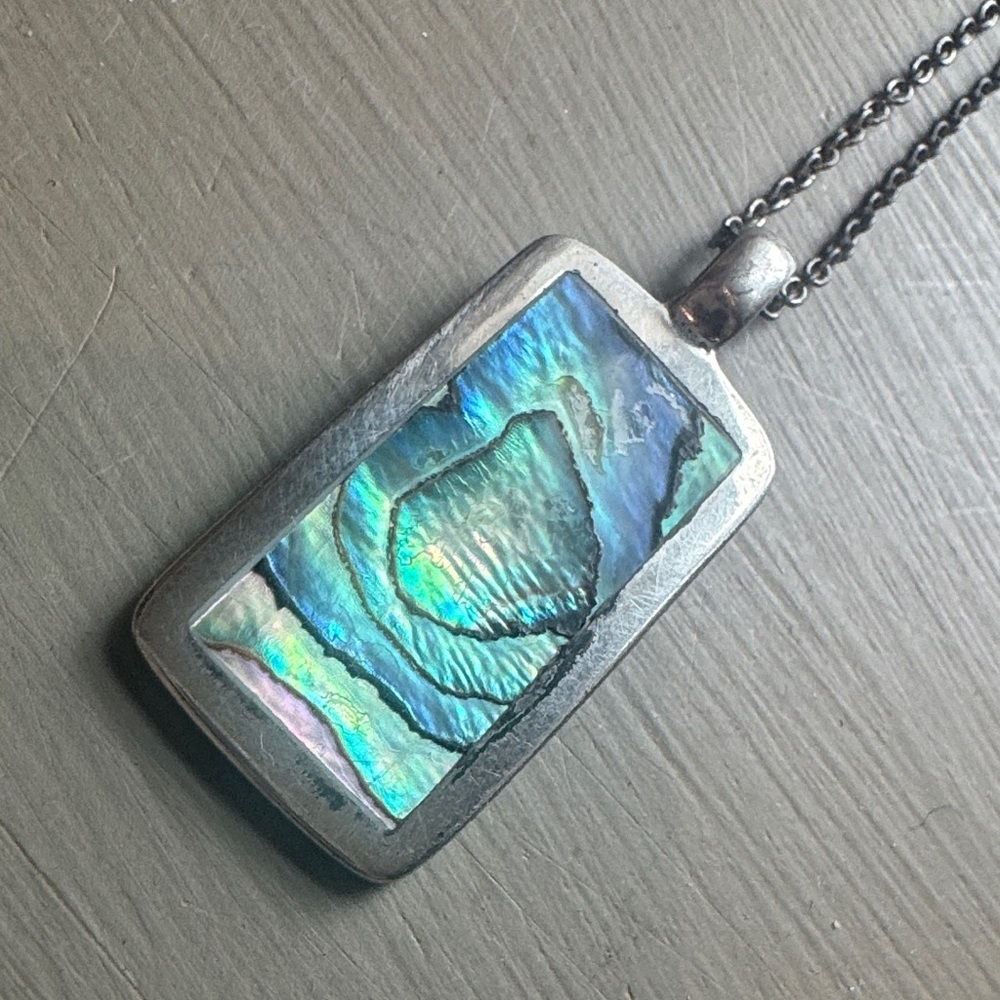 Abalone Shell Rectangular Pendant Necklace - Irid… - image 1
